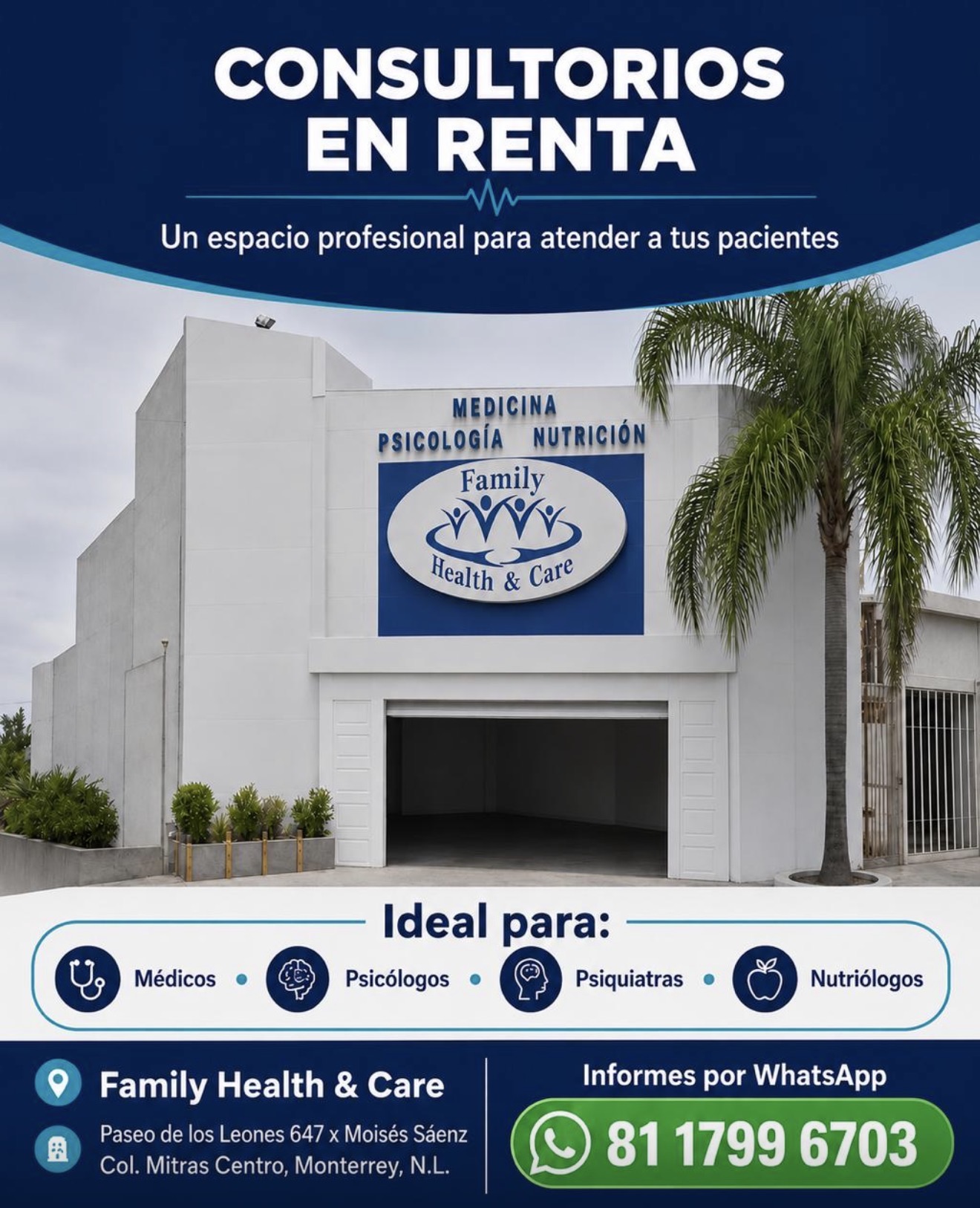 Fachada de los consultorios Family Health & Care en Paseo de los Leones