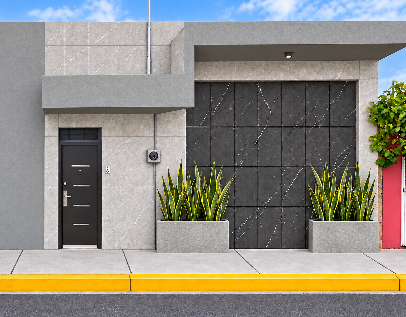 Fachada de Oficina Lizardi con puerta lateral y jardineras